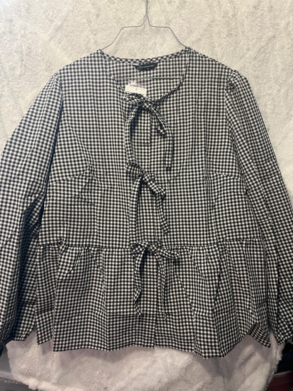 Gingham Tie-Front Peplum Blouse - Black/White